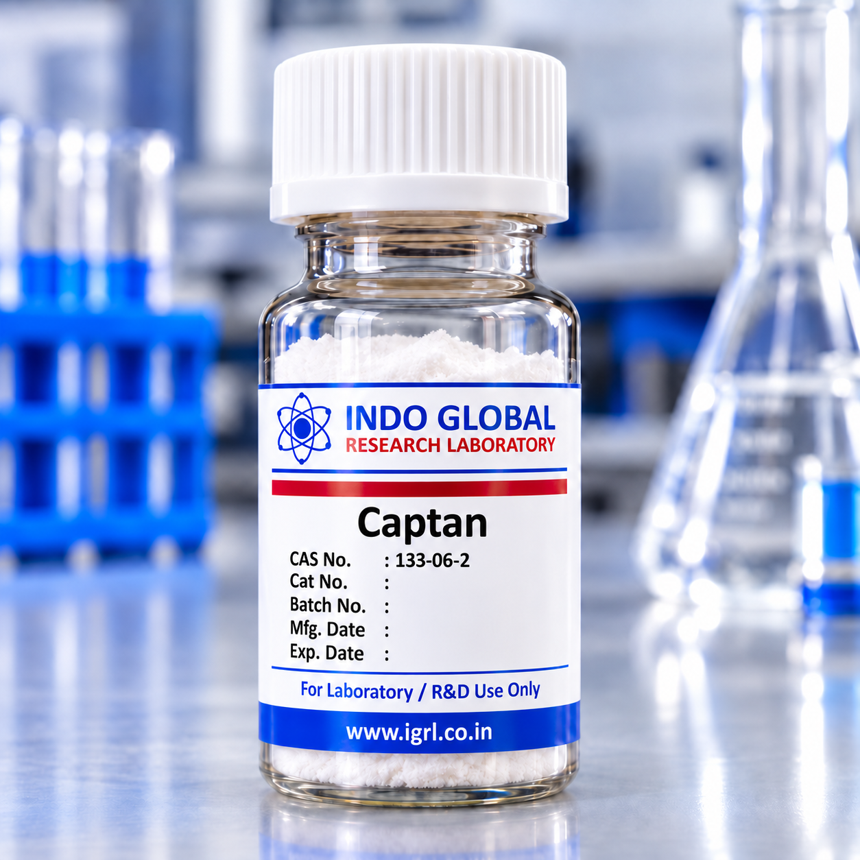 Captan reference standard CAS 133-06-2 – IGRL laboratory vial